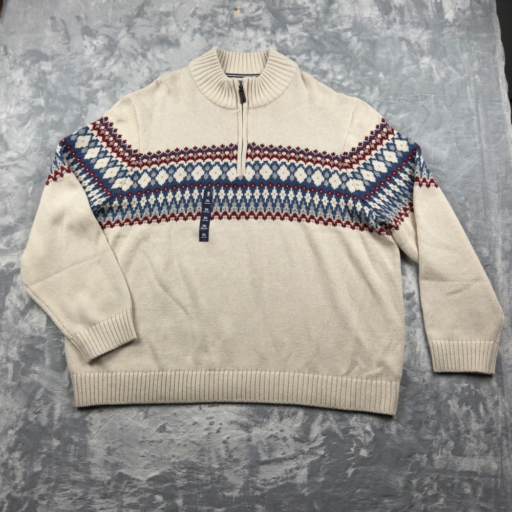 IZOD Mens 3XB Cream Fair Isle Quarter Zip Cotton Blend Knit Sweater